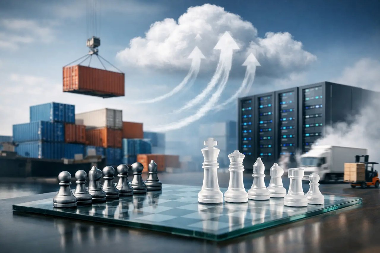 Schachbrett vor Logistik-Hintergrund mit Containern, Servern und Pfeilen, die in eine Cloud zeigen.