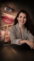 Lächelnde Frau im grauen Blazer neben Detailaufnahmen von Permanent Make-up an Augen, Lippen und Haut.