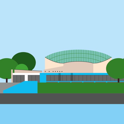 Illustration der Beethovenhalle in Bonn mit geschwungenem Dach und Bäumen