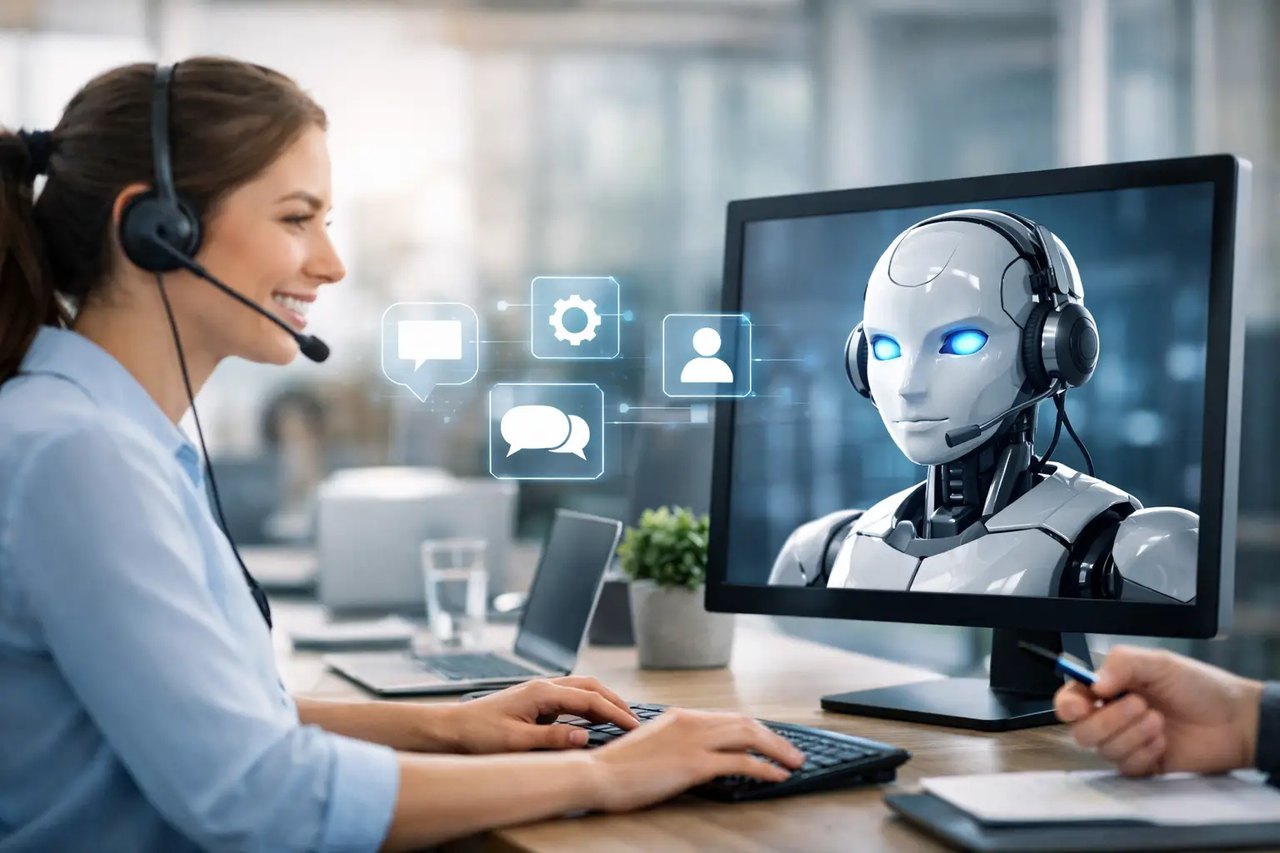 Eine lächelnde Frau mit Headset arbeitet am Computer neben einem Monitor, der einen KI-Roboter mit Headset zeigt.