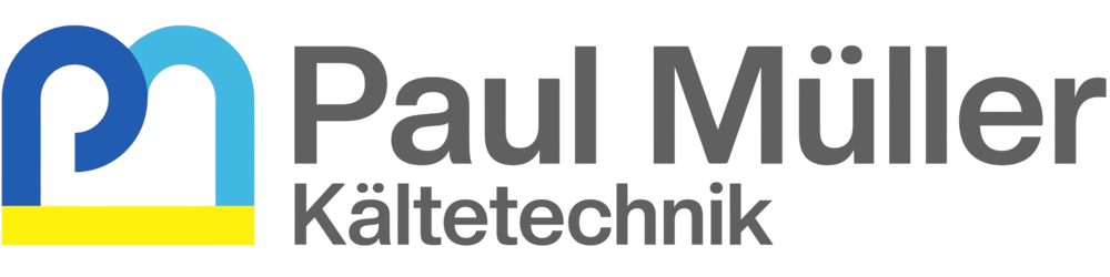 Logo von Paul Müller Kältetechnik mit blauen und gelben "pm"-Initialen und grauem Schriftzug.