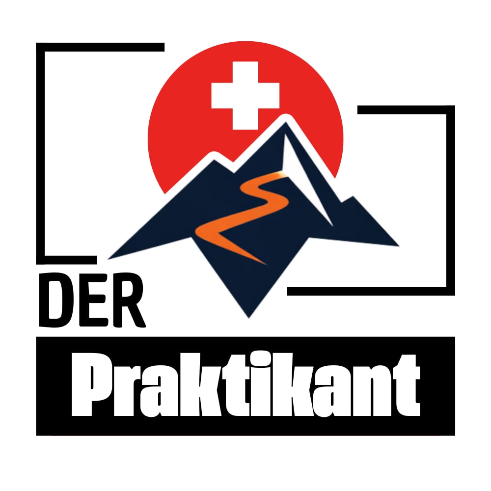 Logo "DER Praktikant" mit Berg, Fluss und Schweizer Kreuz auf rotem Kreis.