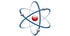 Atommodell mit rotem Kern und drei grauen Elektronen auf blauen Umlaufbahnen