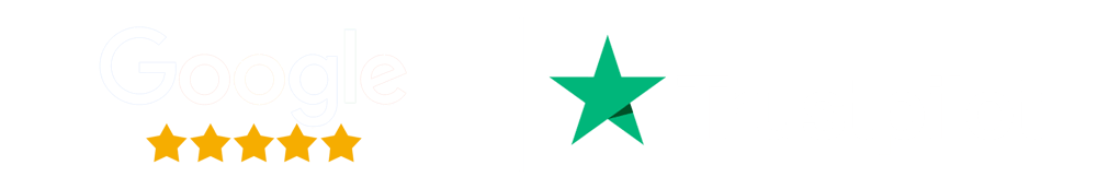Google und Trustpilot Logos mit fünf goldenen Sternen für Google und einem grünen Stern für Trustpilot.
