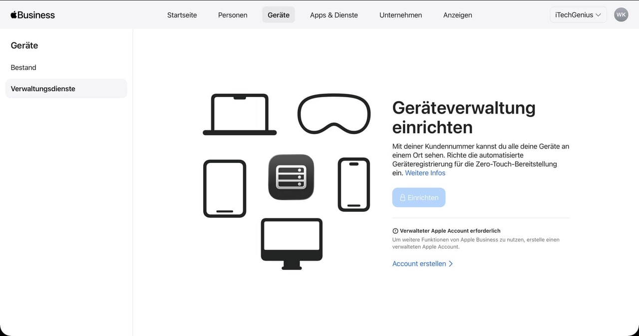 Bildschirmfoto von Apple Business: Geräteverwaltung einrichten, mit Symbolen für Mac, iPad und iPhone