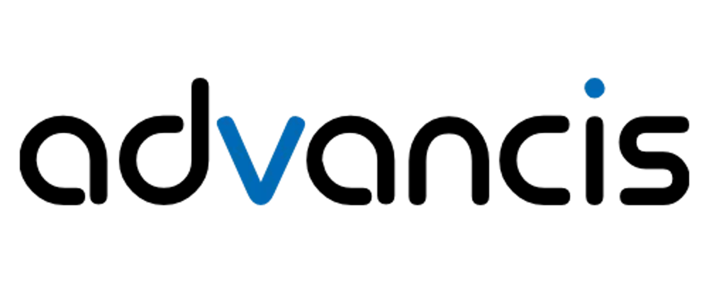 Ein blaues V und ein blauer Punkt auf schwarzem Hintergrund.