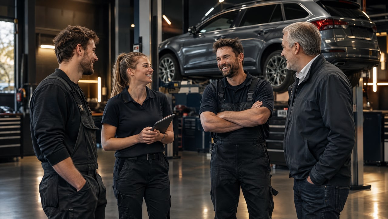 Team einer Schweizer Garage im Gespräch in der Werkstatt