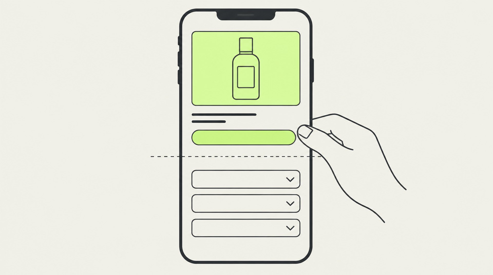 Illustration eines Smartphones mit Produktbild, zwei Textzeilen und Kaufbutton oberhalb einer gestrichelten Linie und drei eingeklappten Abschnitten darunter