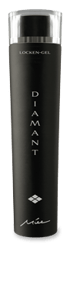 Schwarze Flasche Locken-Gel Diamant mit silberner Kappe und weißer Aufschrift vor schwarzem Hintergrund.