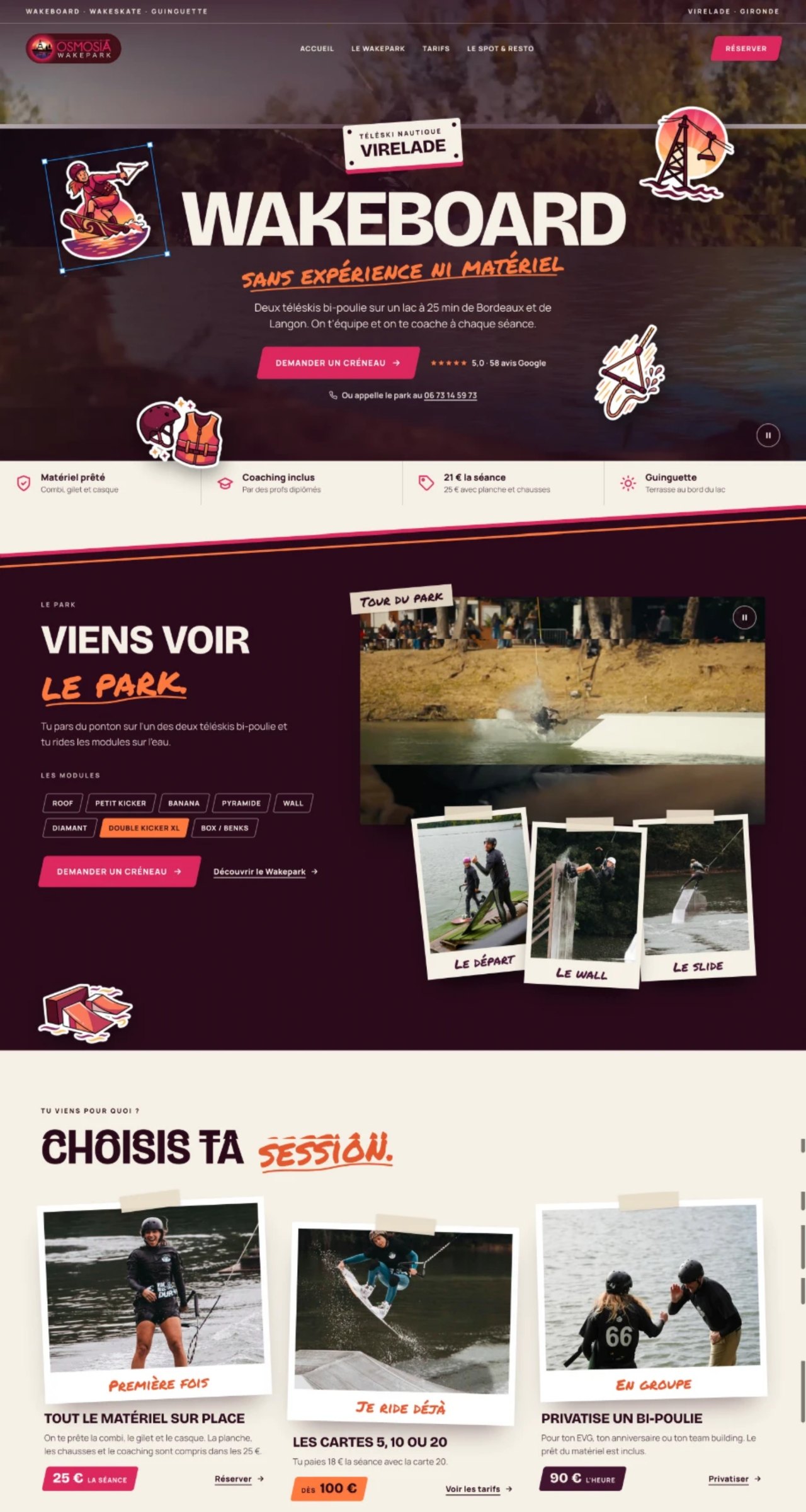 Osmosia Wakepark website, first three screens