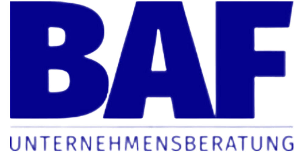 BAF UNTERNEHMENSBERATUNG Logo in Blau auf grünem Hintergrund.