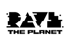 Schwarzes Rave The Planet Logo auf dunkelgrünem Hintergrund.