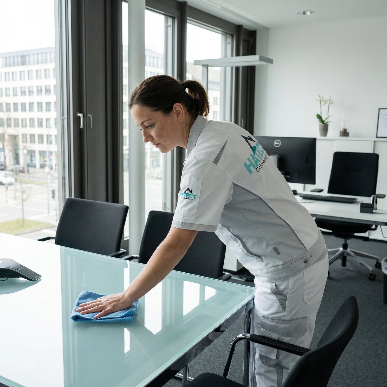 Hatect-Mitarbeiterin reinigt einen Besprechungstisch in einem Bürogebäude