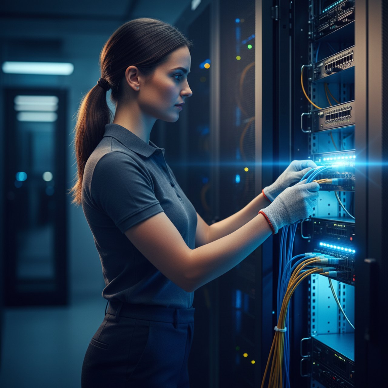 Technikerin patcht Netzwerkkabel in einem Serverschrank