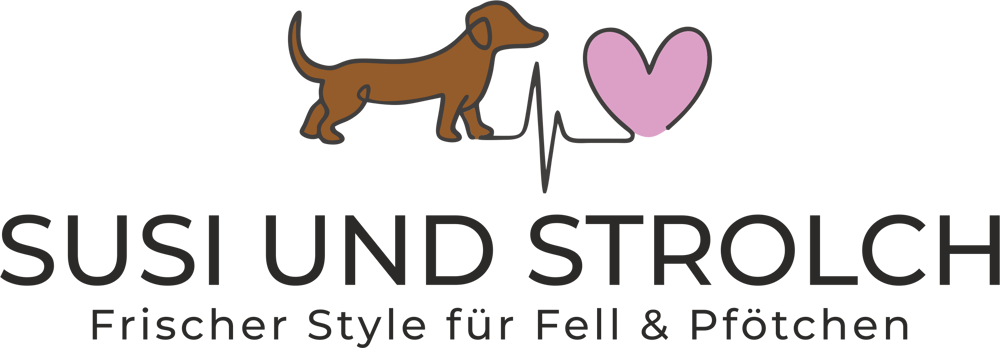 Brauner Dackel, Herz und EKG-Linie über "SUSI UND STROLCH", darunter "Frischer Style für Fell & Pfötchen".