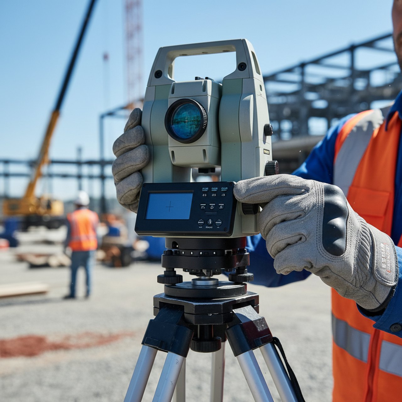 Nahaufnahme einer Totalstation auf der Baustelle
