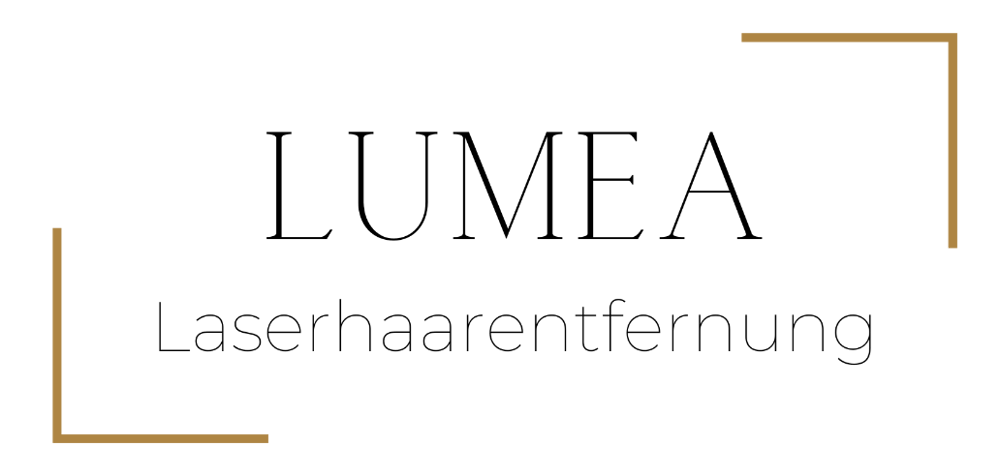 LUMEA Laserhaarentfernung Logo auf grünem Hintergrund mit goldenen Eckrahmen.