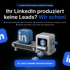 Ihr LinkedIn produziert keine Leads? Wir schon! LinkedIn-Logo auf Förderband, das kleine Personensymbole produziert.