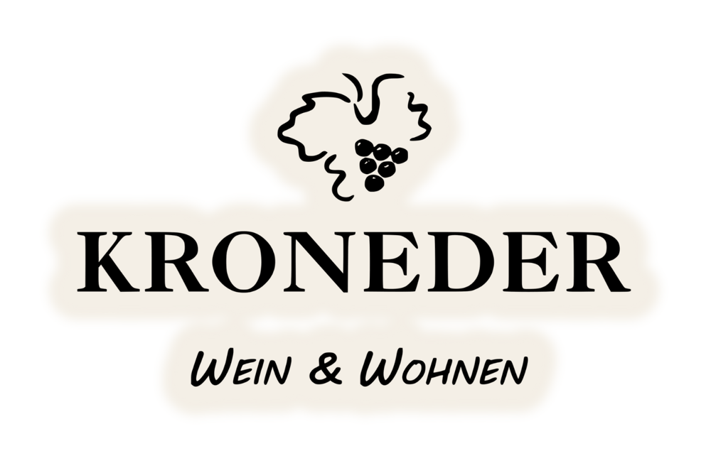 Logo: Kroneder Wein & Wohnen mit stilisiertem Weinstockblatt und Trauben.