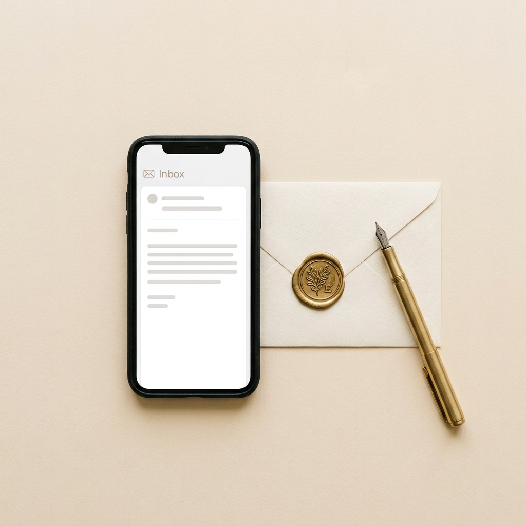 Smartphone mit geöffneter Bestätigungs-E-Mail neben einem versiegelten Umschlag