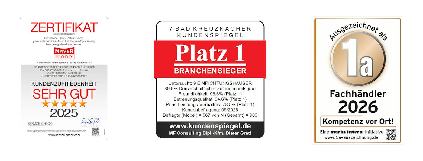Auszeichnungen: Service-Check sehr gut 2025, Platz 1 Bad Kreuznacher Kundenspiegel, 1a Fachhändler 2026