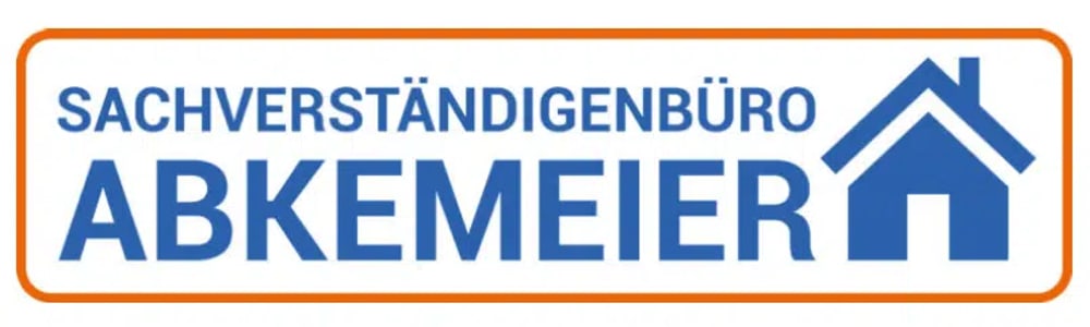 Logo vom Sachverständigenbüro Abkemeier mit blauem Haussymbol in einem orangefarbenen Rahmen.
