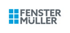 Logo mit 6 blauen Quadraten und Text "FENSTER MÜLLER" in grau.