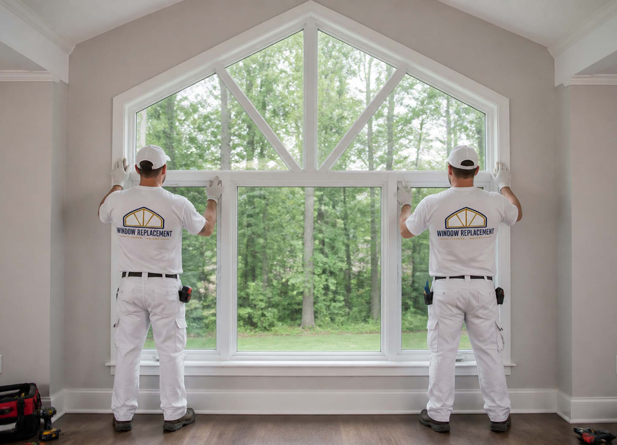 Living room with large replacement windows in a Fishers home