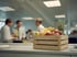 Eine Holzkiste mit Ananas, Bananen, Äpfeln und Trauben auf einem Bürotisch, mit unscharfen Personen im Hintergrund.