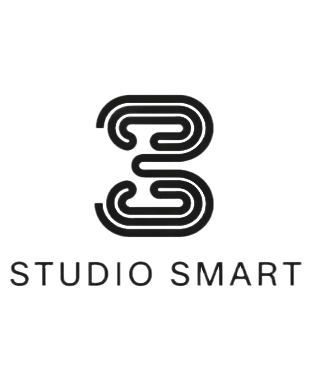 Logo mit schwarzem, geschwungenem Dreier-Symbol und Text "STUDIO SMART" auf dunkelgrünem Hintergrund.