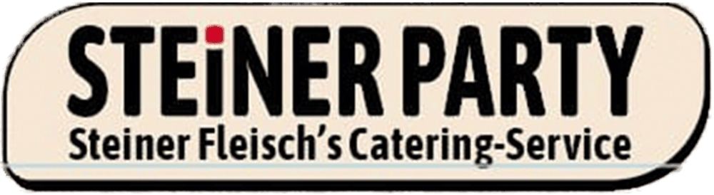Logo von Steiner Party mit dem Text Steiner Fleisch's Catering-Service in schwarzer Schrift auf hellem Grund.