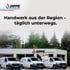 Dippe Bad-Heizung-Klima: Drei weiße Firmenwagen vor dem Betriebsgebäude mit dem Text „Handwerk aus der Region“.