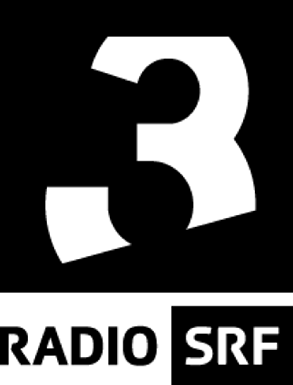 Logo von Radio SRF 3: Weiße "3" auf schwarzem Hintergrund, darunter "RADIO SRF" in Schwarz-Weiß.