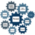 Illustration ineinandergreifender Zahnräder mit Begriffen wie Personal, Kundenbindung, Selbstmanagement, Strategie, Marketing, Prozesse und Einarbeitung – visuelle Darstellung systematischer Praxisentwicklung und integrierter Beratungskonzepte für Tierarztpraxen.