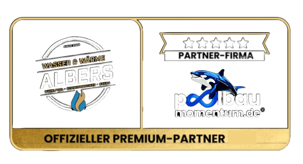 Offizieller Premium-Partner: Wasser & Wärme Albers Logo und Poolbau Marketing Logo mit Orca.