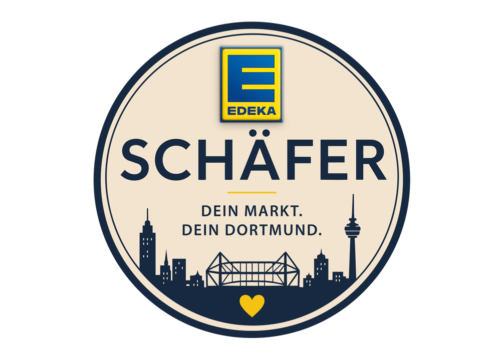 Logo von Edeka Schäfer mit Dortmunder Skyline und dem Slogan „Dein Markt. Dein Dortmund.“