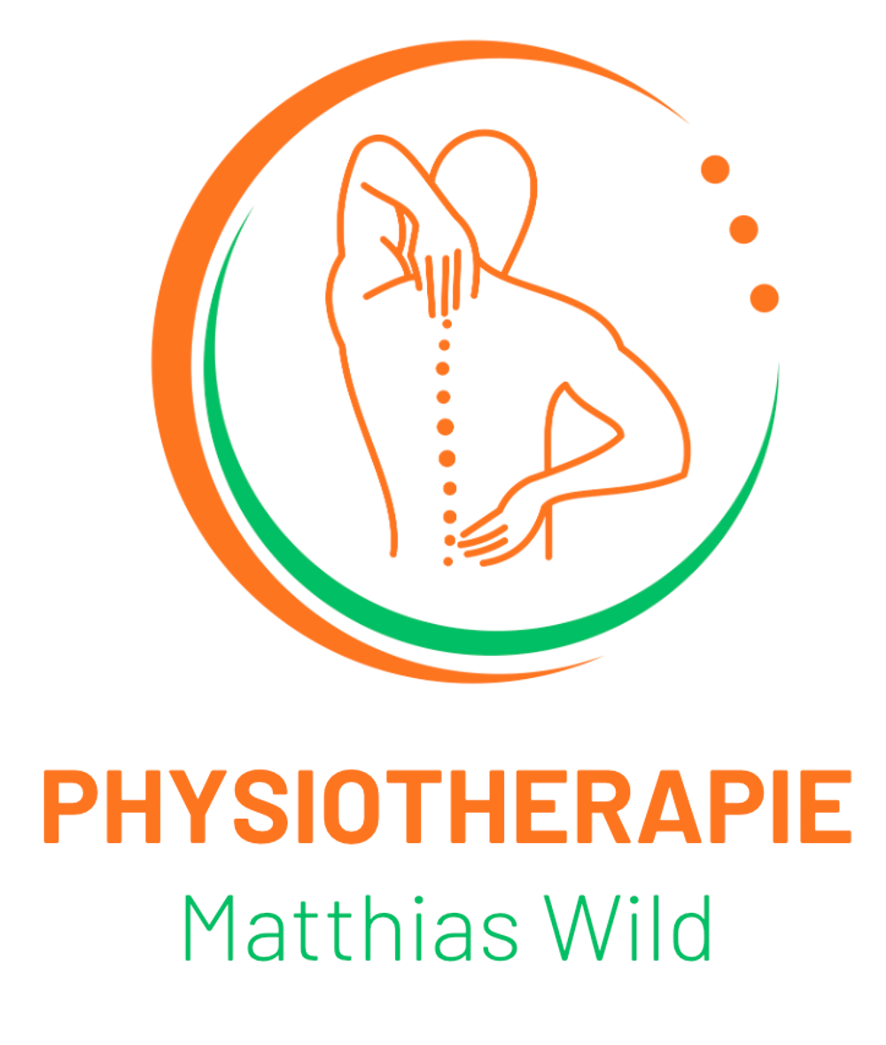 PHYSIOTHERAPIE Matthias Wild. Orangenumriss einer Person mit Wirbelsäule, Händen an Rücken und Hüfte, umgeben von einem Kreis.