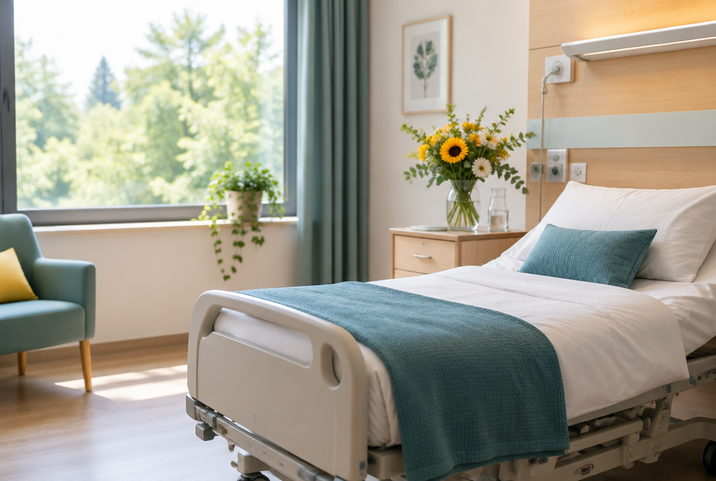 Helles Einzelzimmer im Krankenhaus mit Blick ins Grüne und frischen Blumen
