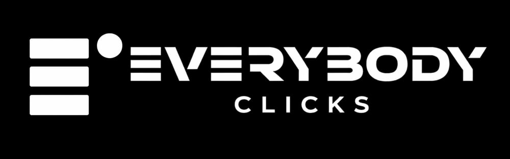 Logo mit dem Text "EVERYBODY CLICKS" in Weiß auf schwarzem Hintergrund, mit einem Menüsymbol.