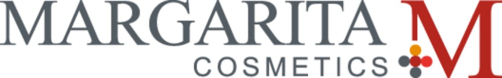 Margarita Cosmetics Logo mit einem großen roten M und bunten Punkten.