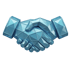 Händedruck aus hellblauen, geometrischen Kristallen vor schwarzem Hintergrund.
