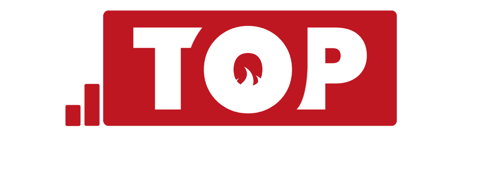 Logo mit weißem Text „TOP BRANDSCHUTZKRÄFTE“ auf rotem Hintergrund, das "O" ist eine Flamme.