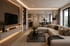 Modernes Wohnzimmer mit beige Ecksofa, TV, Couchtisch und Essbereich im Hintergrund.