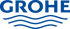 Blaues Grohe-Logo mit stilisierten Wellenlinien darunter.