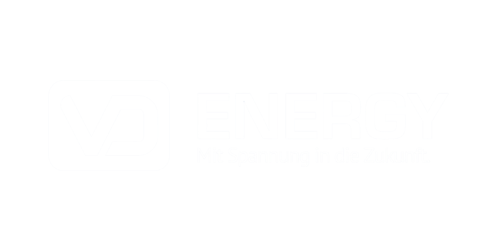 VD Energy Logo mit Text "ENERGY Mit Spannung in die Zukunft." auf grauem Hintergrund.