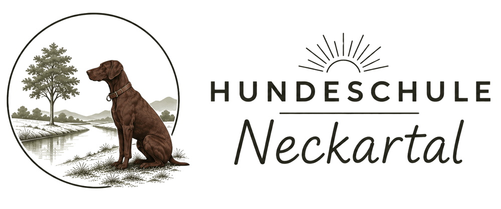 Brauner Hund sitzt im Gras neben Fluss und Baum, Text "HUNDESCHULE Neckartal" mit Sonne.