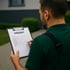 Mann in grünem Poloshirt hält Klemmbrett mit "ANGEBOT"-Formular und Stift in der Hand.