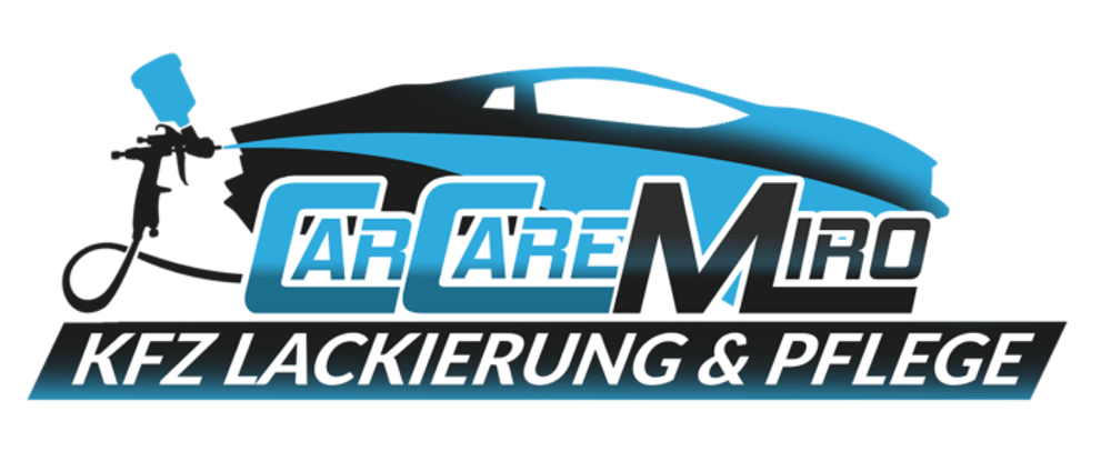 Logo: CarCare Miro, KFZ Lackierung & Pflege, mit Sprühpistole und Auto-Silhouette.
