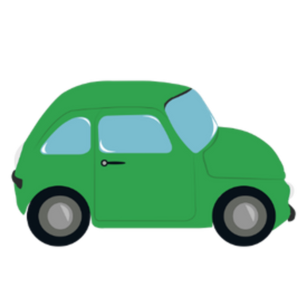 Grünes Auto mit zwei Fenstern und zwei Rädern.