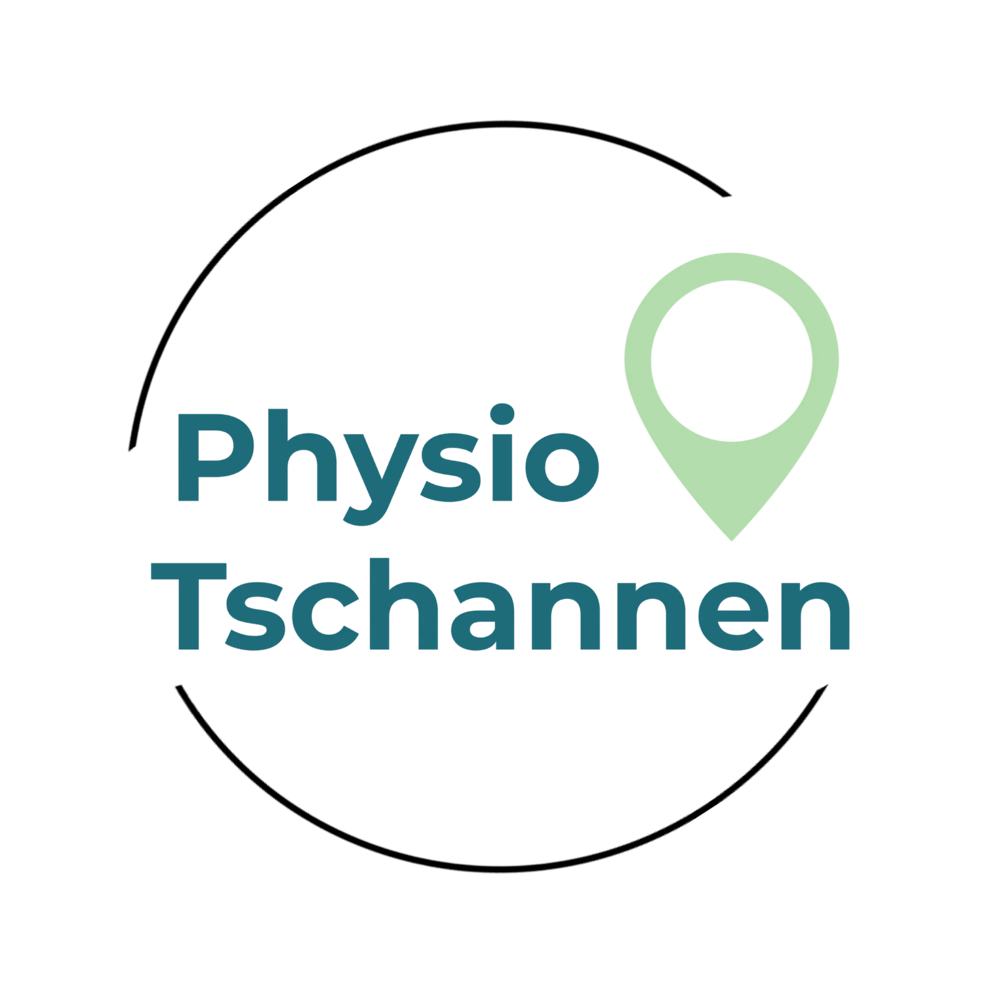 Logo von Physio Tschannen mit dunkelblauem Text und einem grünen Standortsymbol.